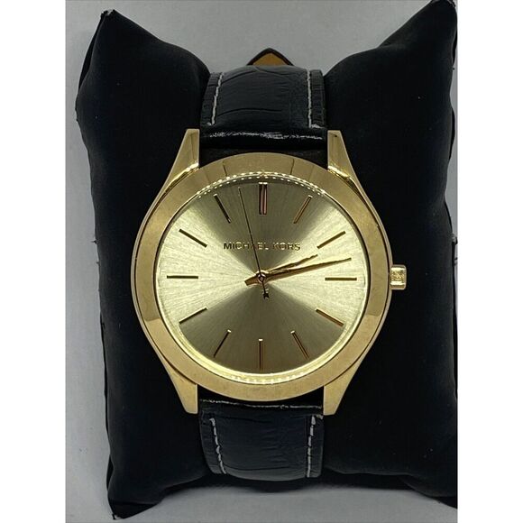 Michael Kors MK3221 Women's Black Leather Analog Gold Dial Quartz Watch JK121 - Picture 3 of 12